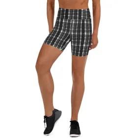 White Black Plaid Yoga Shorts, Tartan Scottish Women's Short Soft Tights-Made in USA/EU