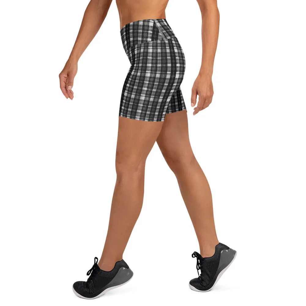 White Black Plaid Yoga Shorts, Tartan Scottish Women's Short Soft Tights-Made in USA/EU