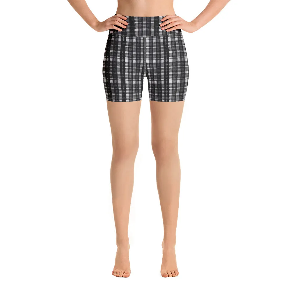 White Black Plaid Yoga Shorts, Tartan Scottish Women's Short Soft Tights-Made in USA/EU