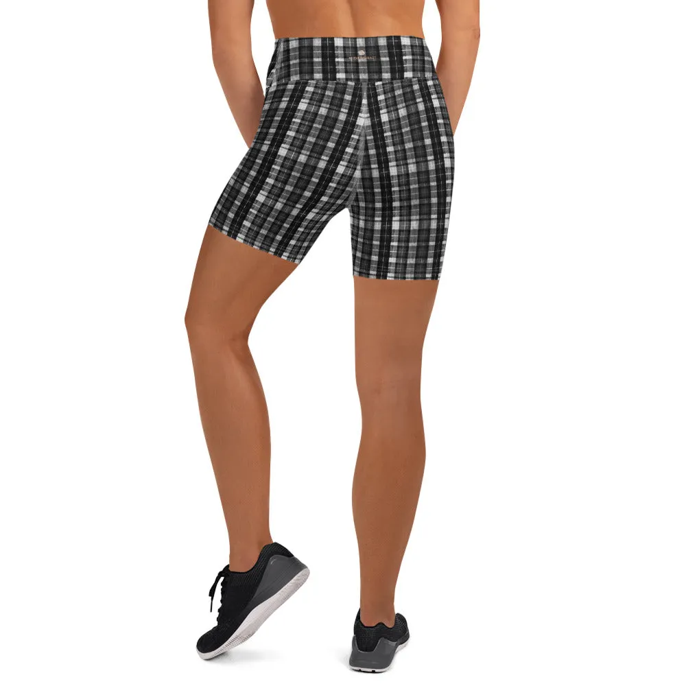 White Black Plaid Yoga Shorts, Tartan Scottish Women's Short Soft Tights-Made in USA/EU