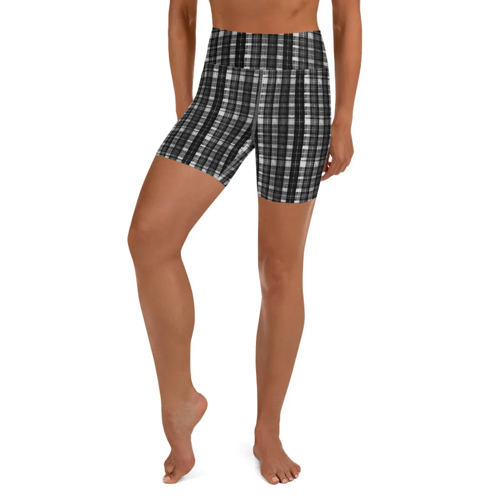 White Black Plaid Yoga Shorts, Tartan Scottish Women's Short Soft Tights-Made in USA/EU