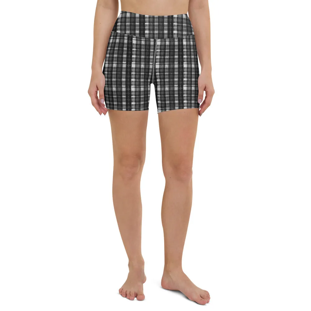 White Black Plaid Yoga Shorts, Tartan Scottish Women's Short Soft Tights-Made in USA/EU