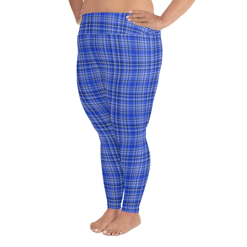 Women's Blue Plaid Print Tights, Best High Waist Long Yoga Pants Plus Size Leggings-Made in USA (US Size: 2XL-6XL)