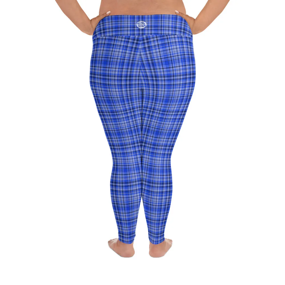 Women's Blue Plaid Print Tights, Best High Waist Long Yoga Pants Plus Size Leggings-Made in USA (US Size: 2XL-6XL)