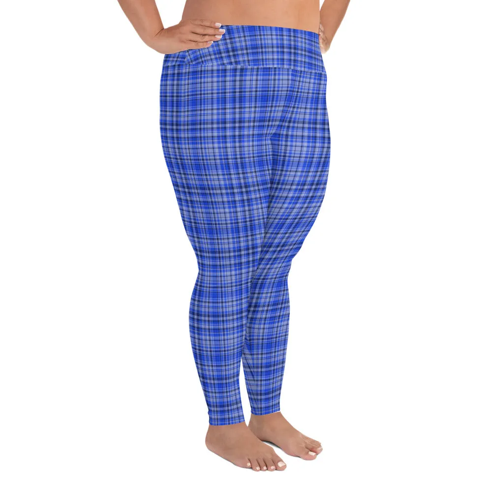 Women's Blue Plaid Print Tights, Best High Waist Long Yoga Pants Plus Size Leggings-Made in USA (US Size: 2XL-6XL)