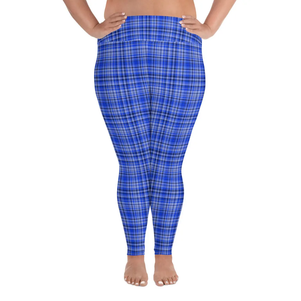 Women's Blue Plaid Print Tights, Best High Waist Long Yoga Pants Plus Size Leggings-Made in USA (US Size: 2XL-6XL)