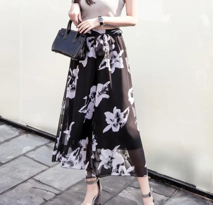 Womens Floral Wide Leg Chiffon Pants