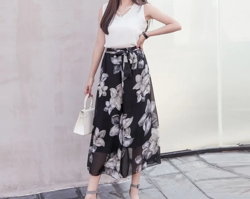 Womens Floral Wide Leg Chiffon Pants