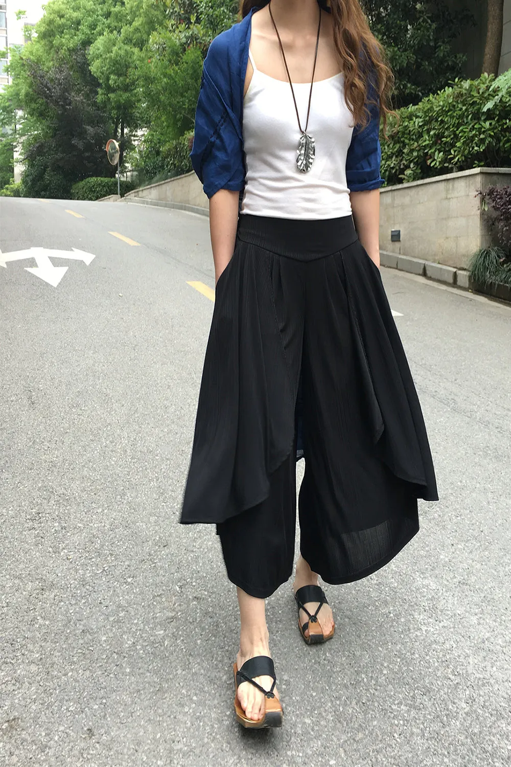 Women's pleated skirt pants/yoga skirt pants/oversized pants/elastic waist pants/asymmetrical trousers (K1661)