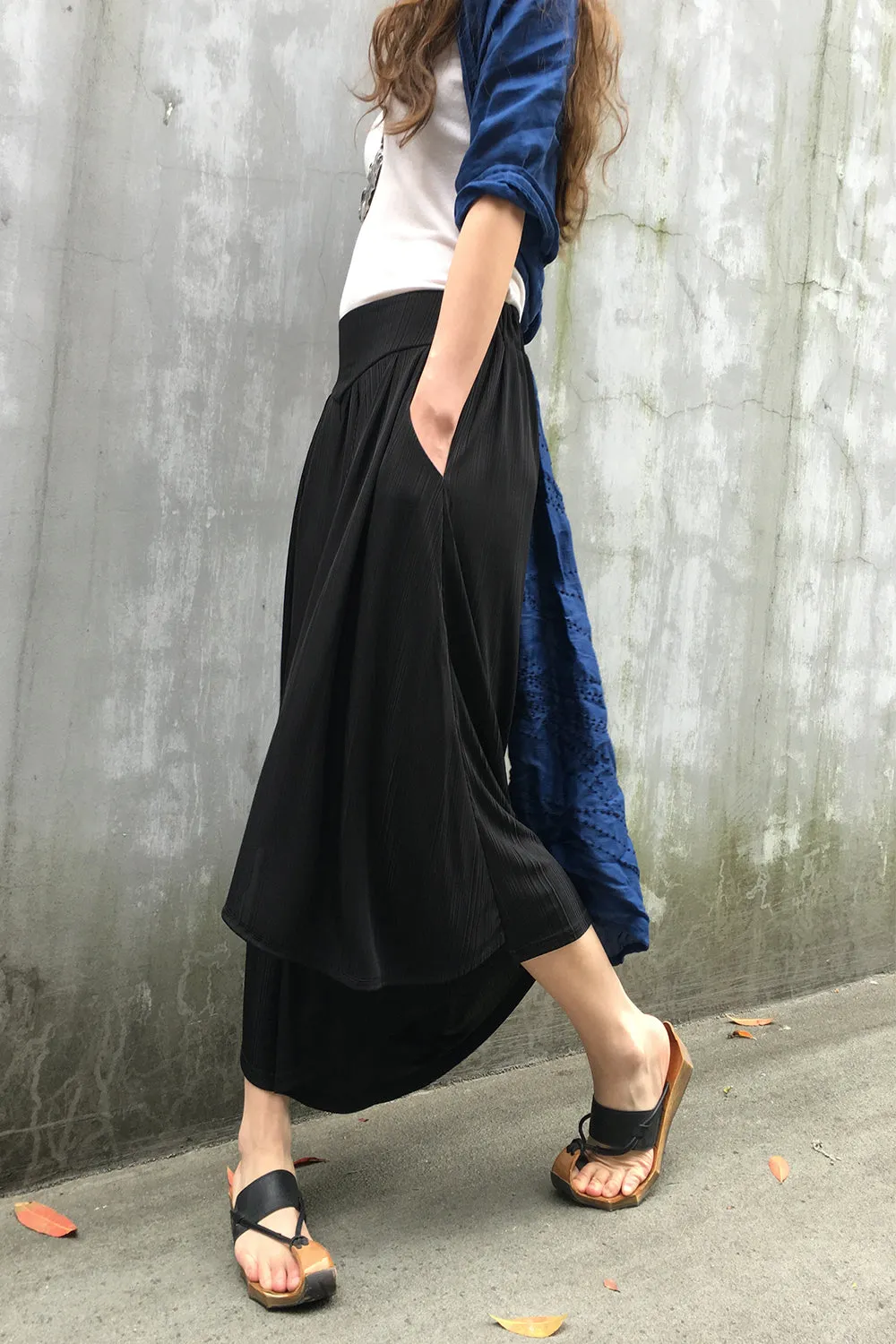 Women's pleated skirt pants/yoga skirt pants/oversized pants/elastic waist pants/asymmetrical trousers (K1661)